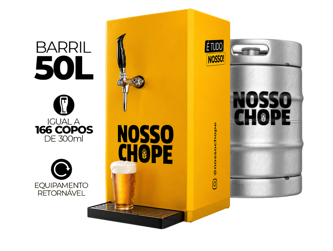 Barril de 50L de chope com chopeira Nosso Chope — igual a 166 copos de 300ml, equipamento retornável